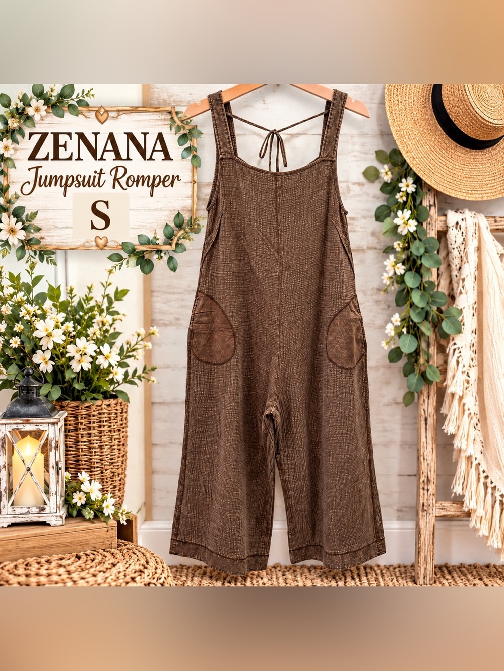 ZENANA Women’s Brown Mineral Wash Cotton Gauze Capri Jumpsuit Romper Size S